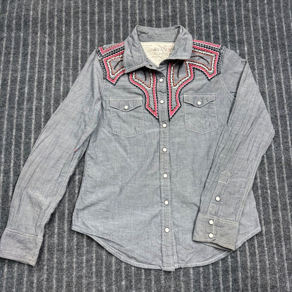 Ryan Michael Western Shirt MEDIUM Indigo Excellent Embroidered Pearl Snap (2205)